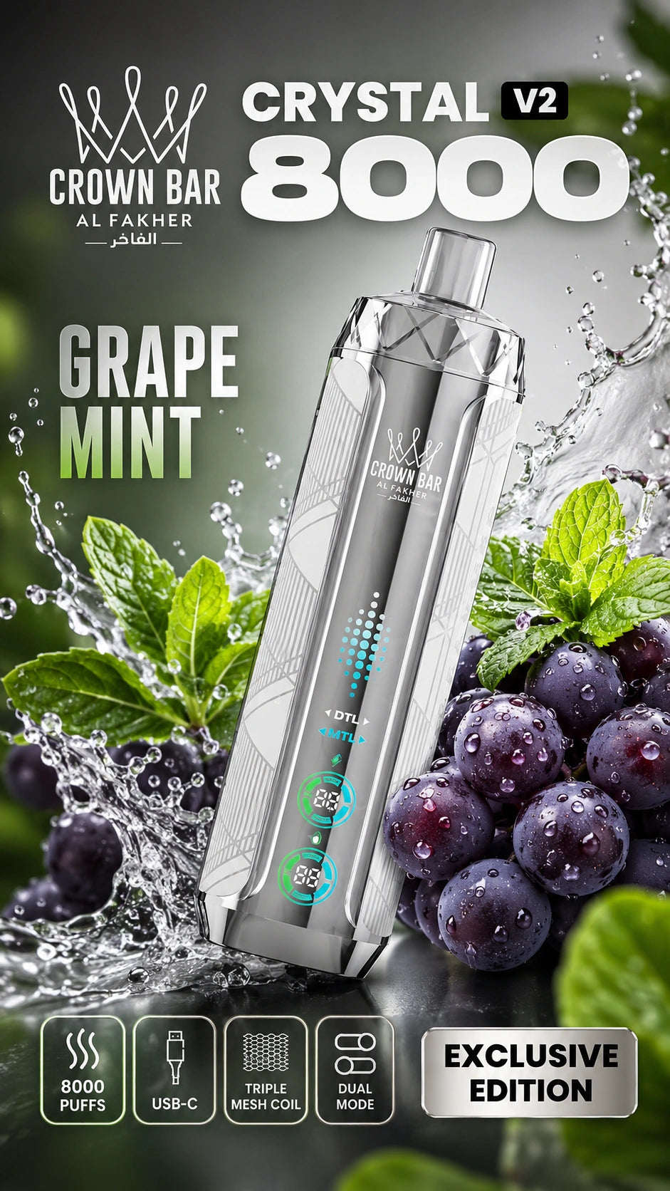 Al Fakher Crystal V2 8000 Grape Mint mit Trauben und Minze
