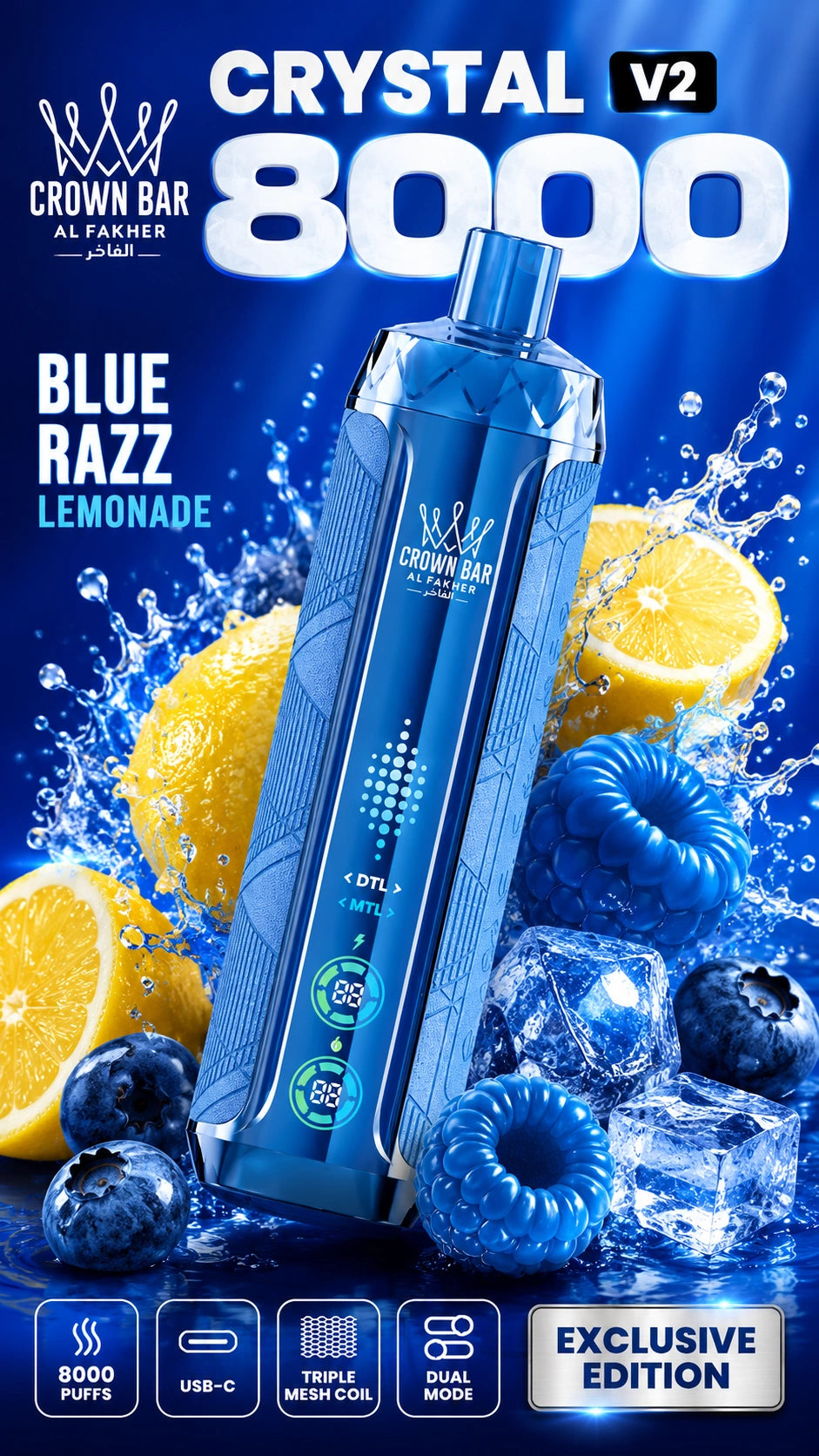 Al Fakher Crystal V2 8000 Blue Razz Lemonade mit Beeren und Zitrone