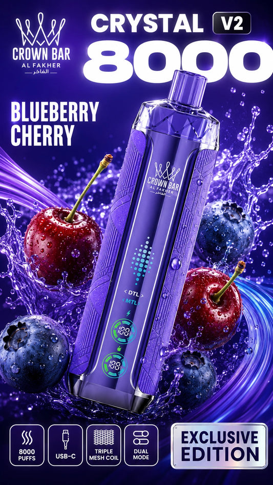 Al Fakher Crystal V2 8000 Blueberry Cherry mit Blaubeeren und Kirschen