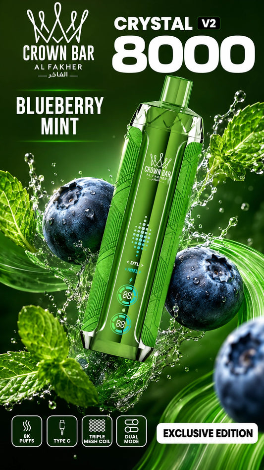 Al Fakher Crystal V2 8000 Blueberry Mint mit Blaubeeren und Minze