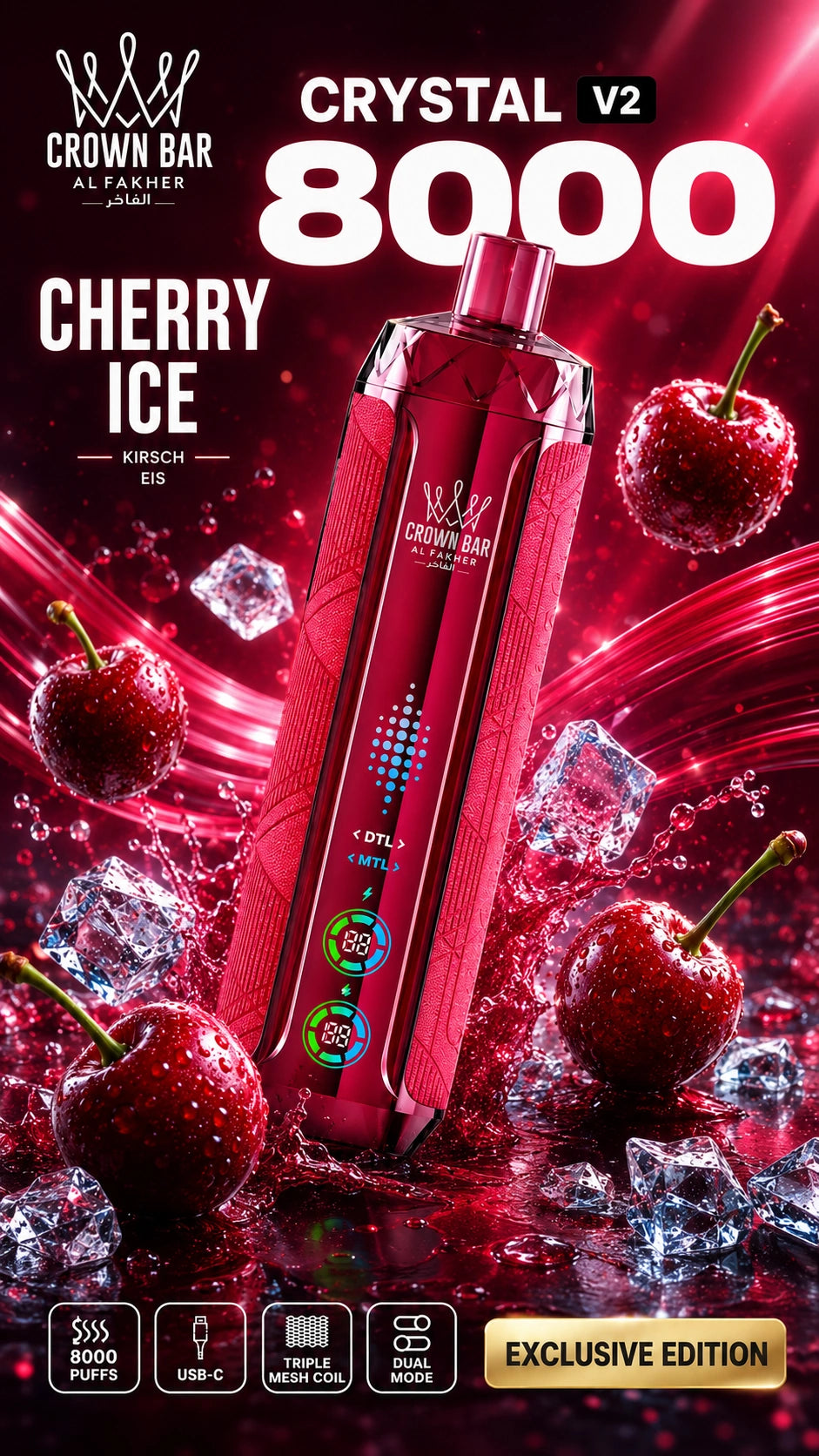 Al Fakher Crystal V2 8000 Cherry Ice mit Kirschen und Eiswürfeln