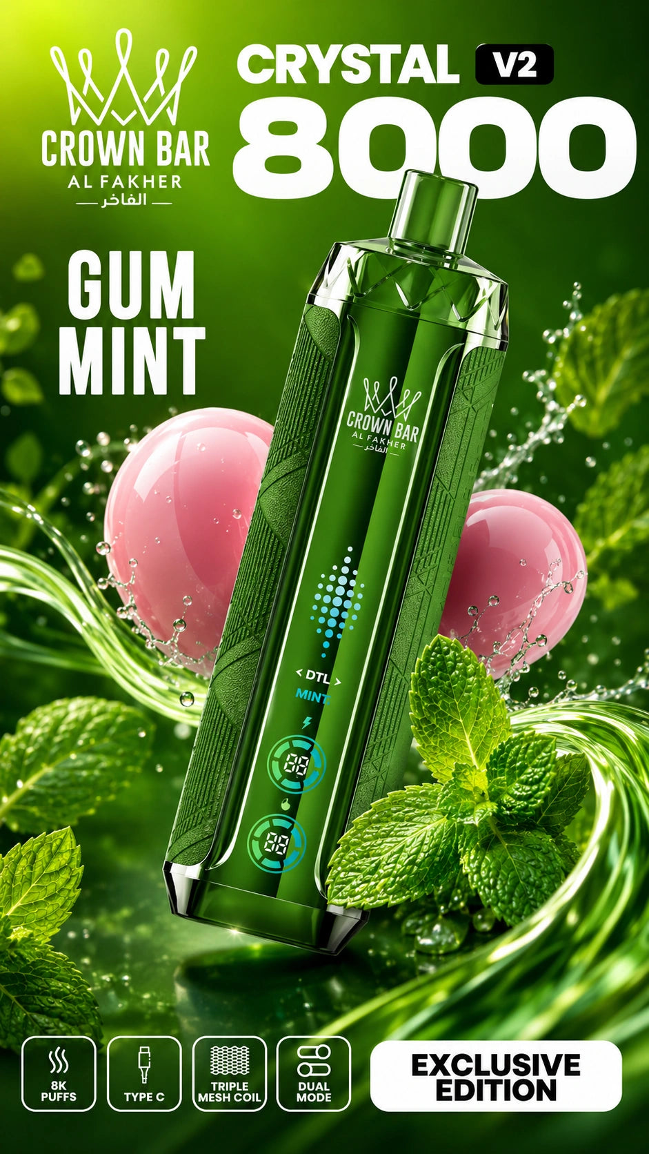 Al Fakher Crystal V2 8000 Gum Mint mit Kaugummi und Minze