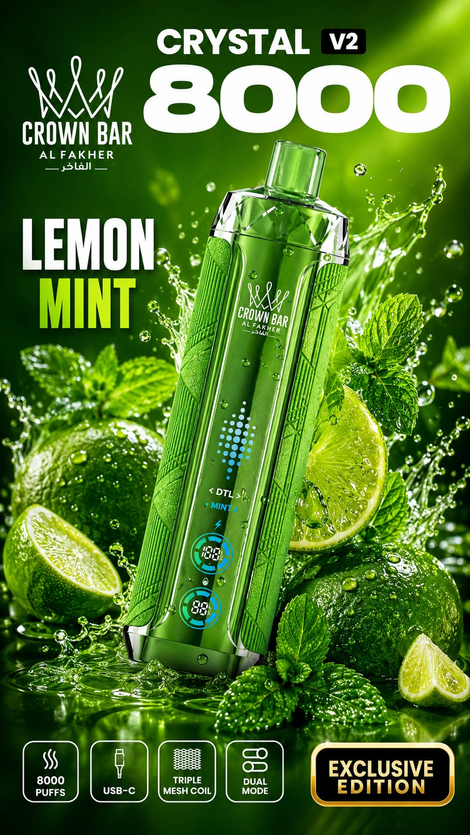 Al Fakher Crystal V2 8000 Lemon Mint mit Zitrone und Minze